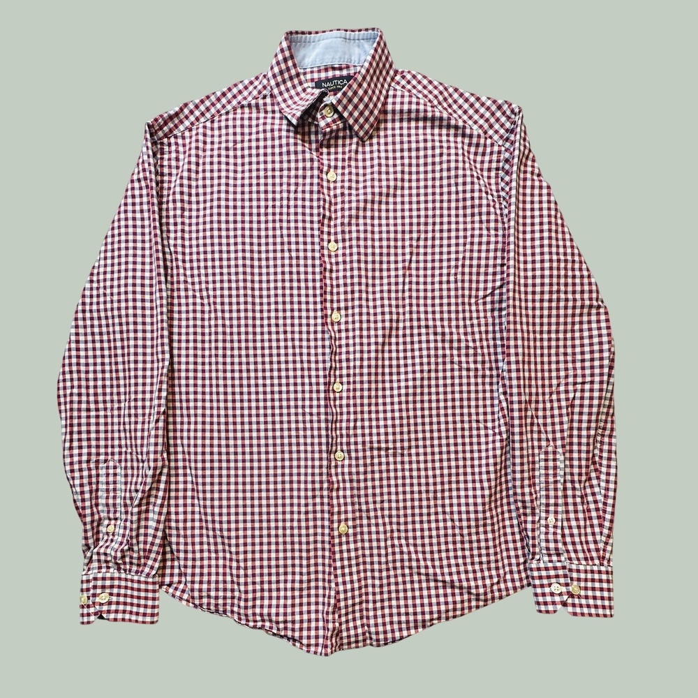 Nautica Shirt Mens 15.5 34/35 Button-Down Gingham Red White Blue Cotton EXCLNT